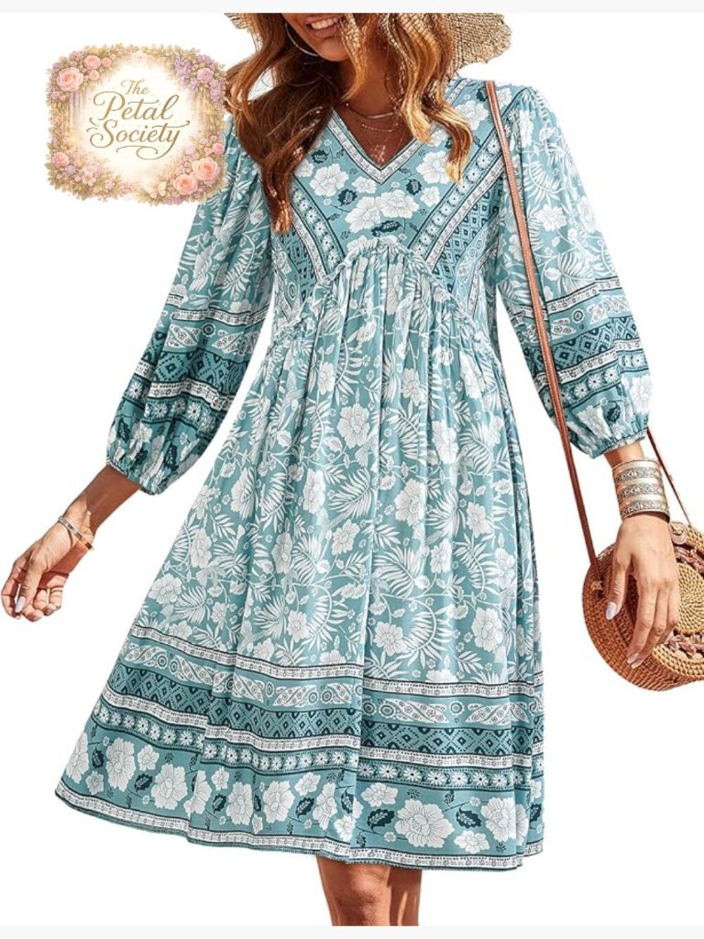 V-Neck Floral Babydoll Mini Dress with 3/4 Sleeves and Ruffle Detail